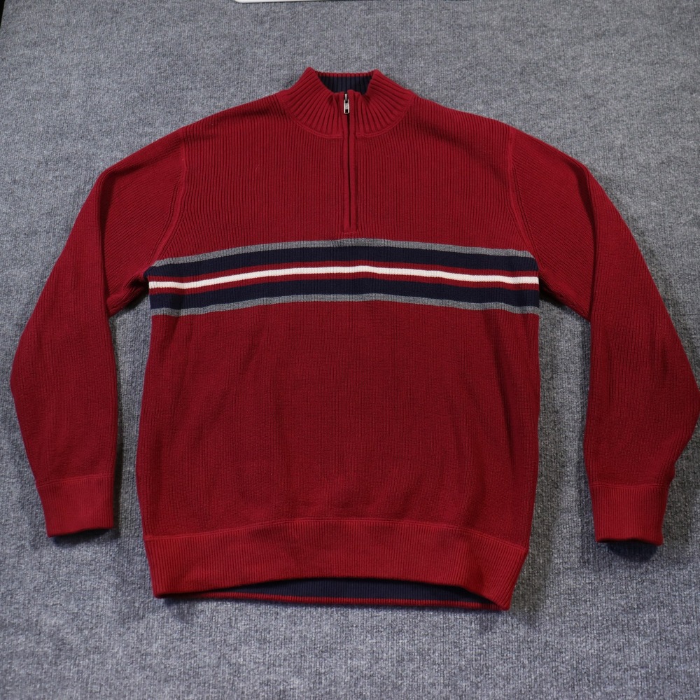 Eddie Bauer Red 1/4 Quarter Zip Striped Cotton Knit Pullover Sweater XL Tall